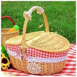 SINCèREETALI Panier De Pique-nique En Osier Tressé Avec Couvercle - Style Campagnard Avec Doublure En Coton Rouge Et Blanc à Carreaux - Panier De Présentation Pour Pique-niques Et Fêtes -Petit rangement Soldes Magasin 63821474 3