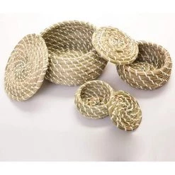 HKLFFJA 3 Pièces Panier Tissé Jonc De Mer En Osier Rotin Paniers De Rangement Boîte Rondes Paniers De Pique-Nique Paniers à Linge Avec Couvercle -Petit rangement Soldes Magasin 63868912 2