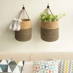 ARC-EN-CIéL 2 Pièces Panier De Rangement Tissé, Panier De Rangement Mural, Panier En Coton Tissé Avec Poignée, Panier De Rangement Pliable, Pour Maquillage, Petites Affaires, Clés, Papier Toilette, Arcenciél -Petit rangement Soldes Magasin 64126788 2