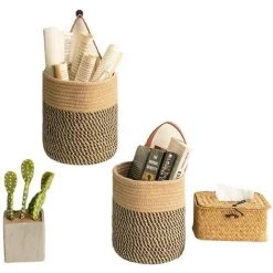 ARC-EN-CIéL 2 Pièces Panier De Rangement Tissé, Panier De Rangement Mural, Panier En Coton Tissé Avec Poignée, Panier De Rangement Pliable, Pour Maquillage, Petites Affaires, Clés, Papier Toilette, Arcenciél -Petit rangement Soldes Magasin 64126788 4