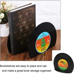 BENOBBY KIDS 2 Pcs Classique CD Serre-Livres Décoratifs Vintage Disque Vinyle Serre-Livres Étagères Créatives Supports De Serre-Livres Antidérapant Noir Antidérapant Pour Chambre Bibliothèques Bureau -Petit rangement Soldes Magasin 64316449 3
