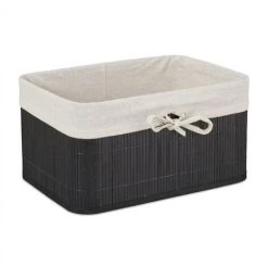 Relaxdays Paniers De Rangement, Lot 4, Bambou, Intérieur Tissu, Corbeilles Salle De Bain, Armoire, 4 Tailles, Noir-creme -Petit rangement Soldes Magasin 64506698 2