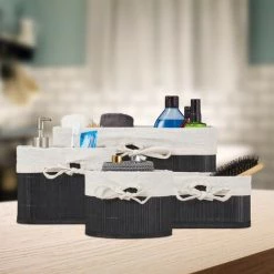 Relaxdays Paniers De Rangement, Lot 4, Bambou, Intérieur Tissu, Corbeilles Salle De Bain, Armoire, 4 Tailles, Noir-creme -Petit rangement Soldes Magasin 64506698 4