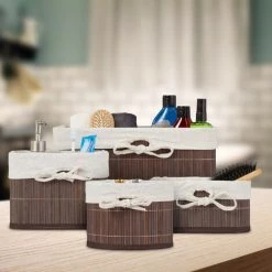 Relaxdays Paniers De Rangement, Lot 4, Bambou, Intérieur Tissu, Corbeilles Salle De Bain, Armoire, 4 Tailles, Marron -Petit rangement Soldes Magasin 64507765 4