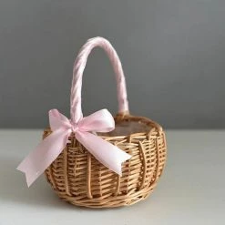 CSPARKV Panier à Fleurs En Osier Rotin Blanc - Panier De Rangement Tissé Avec Poignées - Panier En Osier Avec Ruban - Cadeau De Pâques - Parfait Pour Mariage, Maison, Jardin -Petit rangement Soldes Magasin 65413897 2