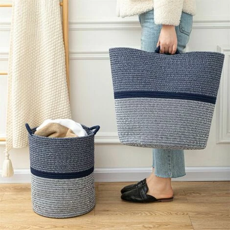 CSPARKV Chambre D'enfant, Salon, Salle De Bain, Jouets, Corde à Fleurs Bleues Large Panier à Linge En Corde Tressée, Sac De Rangement En Coton, Panier à Linge Pliable Avec Poignées Bleu Et Blanc 4 CSPARKV Chambre D'enfant, Salon, Salle De Bain, Jouets, Corde à Fleurs Bleues Large Panier à Linge En Corde Tressée, Sac De Rangement En Coton, Panier à Linge Pliable Avec Poignées Bleu Et Blanc – Image 2