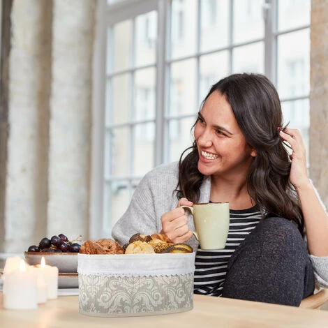 Relaxdays Corbeille à Pain En Bambou, Insert Tissu, Motif Floral, Croissants, Panier Ovale, Petit-déjeuner, Gris-blanc 6 Relaxdays Corbeille à Pain En Bambou, Insert Tissu, Motif Floral, Croissants, Panier Ovale, Petit-déjeuner, Gris-blanc â Image 4