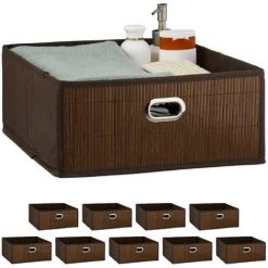 RELAXDAYS 10x Paniers De Rangement En Bambou, Corbeille De Salle De Bain Carrée, Boîte Plate, 14 X 31 X 31 Cm, Pliante, Marron