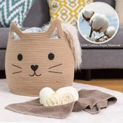 ILOVEMILAN Paniers D'animaux Grand Panier De Rangement En Corde De Coton Tissé Avec Motif De Chat Mignon Organisateur De Panier à Linge Pour Serviettes, Couvertures, Jouets, Vêtements, Cadeaux - Paniers Cadeaux Pour Animaux De Compagnie Ou Bébé 15'' L X 14H -Petit rangement Soldes Magasin 65885391 3
