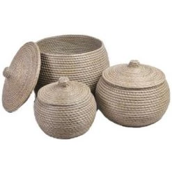 BRICOMARTEAU Set De Basket DKD Home Decor Naturel Gris Herbier Marin (48 X 48 X 41 Cm) (3 Pcs)