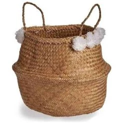 BRICOMARTEAU Panier Marron Pompons Fibre Naturelle (35 X 30 X 35 Cm)