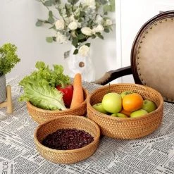 MONLY Wicker Storage Basket For Fruit Bread Vegetable Natural Rattan Baskets For Storage Bowls Key Round Wicker Baskets In Kitchen Table Pantry Countertop Home Decor Stackable Set 3 (Honey Brown) -Petit rangement Soldes Magasin 66081013 3