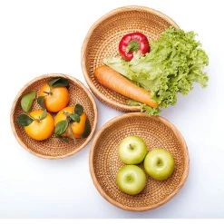 MONLY Wicker Storage Basket For Fruit Bread Vegetable Natural Rattan Baskets For Storage Bowls Key Round Wicker Baskets In Kitchen Table Pantry Countertop Home Decor Stackable Set 3 (Honey Brown) -Petit rangement Soldes Magasin 66081013 4