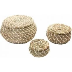 3 Pièces Panier Tissé Jonc De Mer En Osier Rotin Paniers De Rangement Boîte Rondes Paniers De Pique-Nique Paniers à Linge Avec Couvercle Ephé