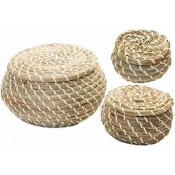 3 Pi&egrave;ces Panier Tiss&eacute; Jonc De Mer En Osier Rotin Paniers De Rangement Bo&icirc;te Rondes Paniers De Pique-Nique Paniers &agrave; Linge Avec Couvercle Ephé -Petit rangement Soldes Magasin 66086153 5