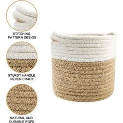 MEZHENG Corde De Coton Panier, 20×20cm Paniers De Tressé Pliable A Vec Poignée Panier De Rangement, Panier De Plantes Pour Pot De Fleurs Coton Stand Home Decor Blanc + Jute -Petit rangement Soldes Magasin 66092271 5
