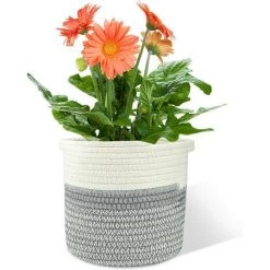 MEZHENG Corde De Coton Panier, 20×20cm Paniers De Tressé Pliable A Vec Poignée Panier De Rangement, Panier De Plantes Pour Pot De Fleurs Coton Stand Home Decor Blanc + Gris