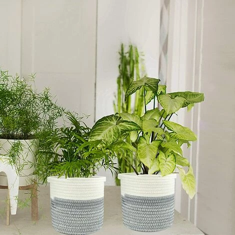 MEZHENG Corde De Coton Panier, 20×20cm Paniers De Tressé Pliable A Vec Poignée Panier De Rangement, Panier De Plantes Pour Pot De Fleurs Coton Stand Home Decor Blanc + Gris 7 MEZHENG Corde De Coton Panier, 20×20cm Paniers De Tressé Pliable A Vec Poignée Panier De Rangement, Panier De Plantes Pour Pot De Fleurs Coton Stand Home Decor Blanc + Gris – Image 5
