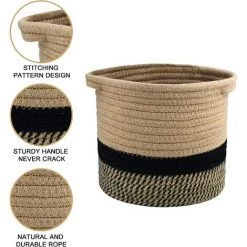 MEZHENG Corde De Coton Panier, 20×20cm Paniers De Tressé Pliable A Vec Poignée Panier De Rangement, Panier De Plantes Pour Pot De Fleurs Coton Stand Home Decor Noir + Jute -Petit rangement Soldes Magasin 66092454 2