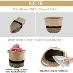 MEZHENG Corde De Coton Panier, 20×20cm Paniers De Tressé Pliable A Vec Poignée Panier De Rangement, Panier De Plantes Pour Pot De Fleurs Coton Stand Home Decor Noir + Jute -Petit rangement Soldes Magasin 66092454 3