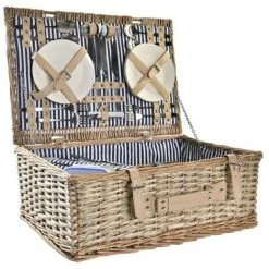 BRICOMARTEAU Panier DKD Home Decor Osier Pique-nique Céramique Naturel Argenté Bleu Polyester Acier Inoxydable Blanc (54 X 37 X 21 Cm)