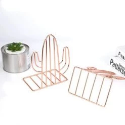 FVO Serre-Livres, Cactus Cale Livre Et Bouchon En Métal, Antidérapant Séparateurs De Livres Décoratifs Pour Enfants, Bureaux, Écoles, Salons, Librairie Et Bibliothèque (Or Rose) -Petit rangement Soldes Magasin 66308182 4