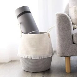 BF Panier De Rangement à Linge En Corde De Coton Avec Poignée Organisateur Multifonctionnel Et Boîte De Rangement Blanc Cassé -Petit rangement Soldes Magasin 66353627 2