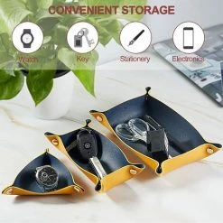 Vide Poche Cuir Plateau Rectangulaire Boite De Rangement Pour A Cle, Montres, Monnaie, Fournitures De Bureau, Bijoux Femme Homme, Bleu Avec Jaune 3pcs Yellow——Adélala -Petit rangement Soldes Magasin 66381895 4