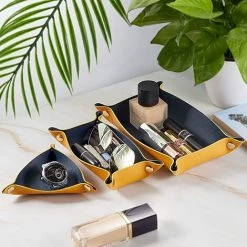Vide Poche Cuir Plateau Rectangulaire Boite De Rangement Pour A Cle, Montres, Monnaie, Fournitures De Bureau, Bijoux Femme Homme, Bleu Avec Jaune 3pcs Yellow——Adélala -Petit rangement Soldes Magasin 66381895 5