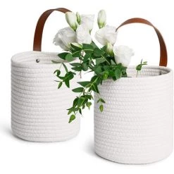 Lot De 2 Paniers De Rangement Muraux à Suspendre Pour Plantes, Petit Panier De Rangement En Corde De Coton, Support Mural Pour La Maison, Le Bureau - Blanc + Kaki, Adélala -Petit rangement Soldes Magasin 66383876 4