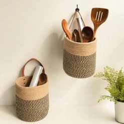 2 Pièces Panier De Rangement Tissé, Panier De Rangement Mural, Panier En Coton Tissé Avec Poignée, Panier De Rangement Pliable, Pour Maquillage, Petites Affaires, Clés, Papier Toilette, Adélala