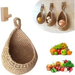 YIDOMDE Paniers De Fruits Et Légumes Suspendus Au Mur, Corbeille De Fruits Ou De Légumes Tissée à La Main En Forme De Goutte D'eau De Jute, Panier De Rangement Suspendu De Cuisine (Hauteur 27CM, Largeur 25CM)
