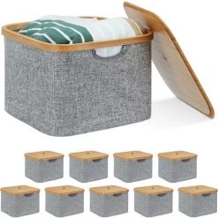 RELAXDAYS 10x Panier De Rangement En Tissu Boîte De Rangement Gris Bambou Couvercle Poignées HxlxP: 25 X 33 X 33 Cm, Gris