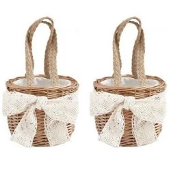 OUSUDELA Lot De 2 Paniers à Fleurs En Rotin Avec Nœud En Macramé, Panier Rustique En Rotin Pour Mariage, Demoiselle D'honneur, œufs De Pâques - M, 10*15cm