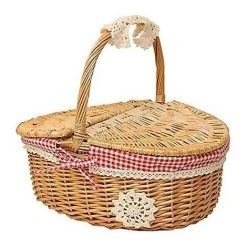 Cisea Panier De Pique-nique En Osier Tissé Avec Couvercle - Style Campagnard Avec Doublure En Coton à Carreaux Rouges Et Blancs - Panier De Présentation
