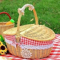 Cisea Panier De Pique-nique En Osier Tissé Avec Couvercle - Style Campagnard Avec Doublure En Coton à Carreaux Rouges Et Blancs - Panier De Présentation -Petit rangement Soldes Magasin 66862727 3