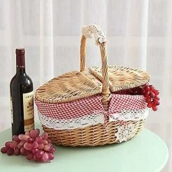 Cisea Panier De Pique-nique En Osier Tissé Avec Couvercle - Style Campagnard Avec Doublure En Coton à Carreaux Rouges Et Blancs - Panier De Présentation -Petit rangement Soldes Magasin 66862727 4