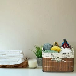 Relaxdays Panier De Rangement, Bambou Et Polyester, HLP : 20x31x31 cm, Corbeille Poignée, Boîte D’étagère, Marron-crème -Petit rangement Soldes Magasin 67143526 3