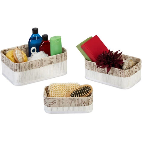 Relaxdays Panier De Rangement Bambou Et Tissu, Lot De 3, Corbeilles Salle De Bain, 3 Tailles Différentes, Blanc/beige 3 Relaxdays Panier De Rangement Bambou Et Tissu, Lot De 3, Corbeilles Salle De Bain, 3 Tailles Différentes, Blanc/beige