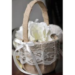 PERLE RARE Panier De Fleurs De Mariage, Panier De Demoiselle D'honneur Rustique Vintage Romantique En Toile De Jute Avec Nœud Papillon En Satin Rose Pour Cérémonie De Mariage Avec Décoration En Dentelle Beige -Petit rangement Soldes Magasin 67177454 3