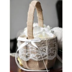 PERLE RARE Panier De Fleurs De Mariage, Panier De Demoiselle D'honneur Rustique Vintage Romantique En Toile De Jute Avec Nœud Papillon En Satin Rose Pour Cérémonie De Mariage Avec Décoration En Dentelle Beige -Petit rangement Soldes Magasin 67177454 4