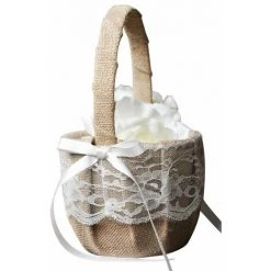 PERLE RARE Panier De Fleurs De Mariage, Panier De Demoiselle D'honneur Rustique Vintage Romantique En Toile De Jute Avec Nœud Papillon En Satin Rose Pour Cérémonie De Mariage Avec Décoration En Dentelle Beige -Petit rangement Soldes Magasin 67177454 5