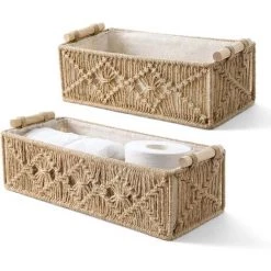 ILOVEMILAN Lot De 2 Paniers De Rangement En Macramé Boho Decor Box Tissés à La Main Décoratifs Pour Comptoir De Toilettes, Réservoir, étagère Pour Chambre à Coucher, Chambre D'enfant, Salon, Maison, Marron
