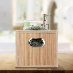 RELAXDAYS 1x Panier De Rangement Bambou, Corbeille Salle De Bain, Carré, Panière, Boîte étroite, 14x15x31 Cm, Pliant, Nature -Petit rangement Soldes Magasin 67268514 3