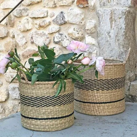 Set De 2 Paniers Ronds En Jonc De Mer à Anses Et Bandes Noires Casatera - Marrón 3 Set De 2 Paniers Ronds En Jonc De Mer à Anses Et Bandes Noires Casatera - Marrón