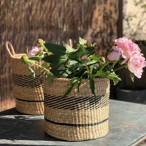 Set De 2 Paniers Ronds En Jonc De Mer à Anses Et Bandes Noires Casatera - Marrón 4 Set De 2 Paniers Ronds En Jonc De Mer à Anses Et Bandes Noires Casatera - Marrón – Image 2