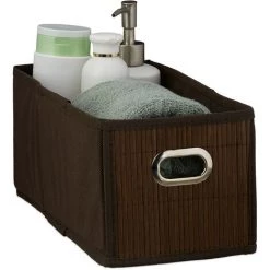 RELAXDAYS 1x Panier De Rangement Bambou, Corbeille Salle De Bain, Carré, Panière, Boîte étroite, 14x15x31 Cm, Pliant, Marron