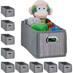 RELAXDAYS 10x Paniers De Rangement Bambou, Corbeille Salle De Bain, Carré, Panière, Boîte étroite, 14x15x31 Cm, Pliant, Gris