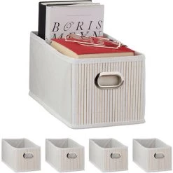 RELAXDAYS 5x Paniers De Rangement Bambou, Corbeille Salle De Bain, Carré, Panière, Boîte étroite, 14x15x31 Cm, Pliant, Blanc