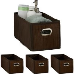 RELAXDAYS 4x Paniers De Rangement Bambou, Corbeille Salle De Bain, Carré, Panière, Boîte étroite, 14x15x31 Cm, Pliant, Marron